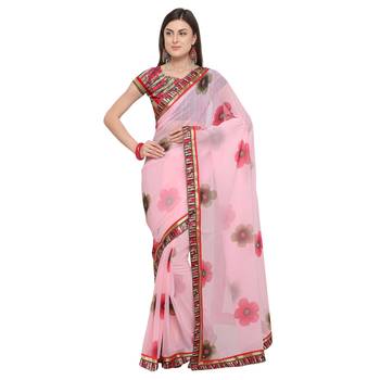 Pink printed georgette saree with blouse 1