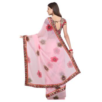 Pink printed georgette saree with blouse 2