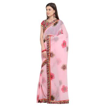 Pink printed georgette saree with blouse 3
