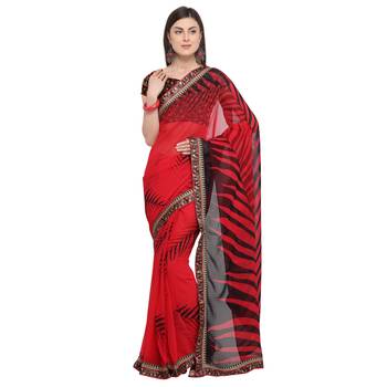 Red printed georgette saree with blouse 1