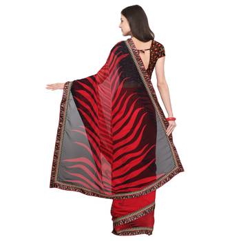 Red printed georgette saree with blouse 2