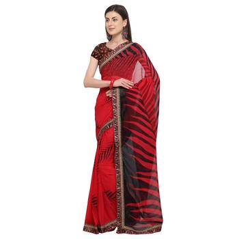 Red printed georgette saree with blouse 3