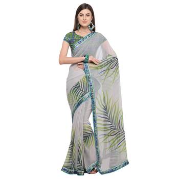 Grey printed georgette saree with blouse 1