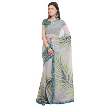 Grey printed georgette saree with blouse 3
