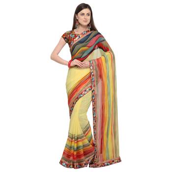 Light yellow printed georgette saree with blouse 1