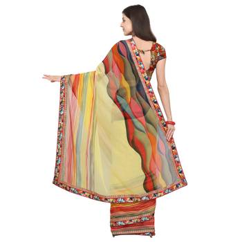 Light yellow printed georgette saree with blouse 2