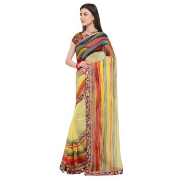 Light yellow printed georgette saree with blouse 3
