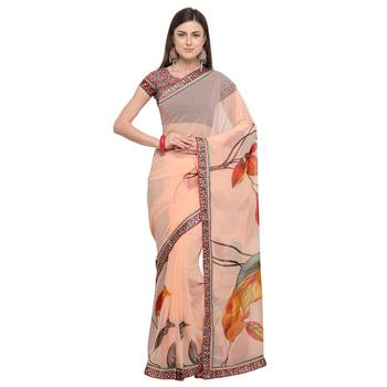 Peach printed georgette saree with blouse 1