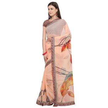 Peach printed georgette saree with blouse 3