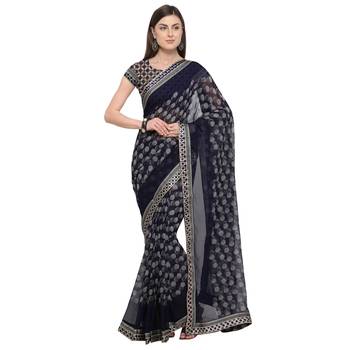Blue printed georgette saree with blouse 1