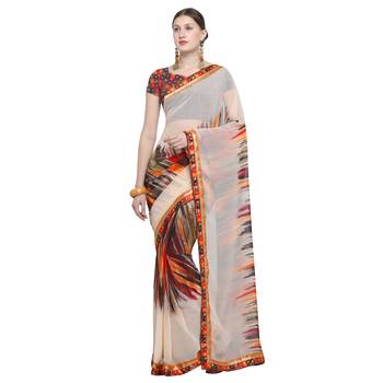 Cream printed georgette saree with blouse 1