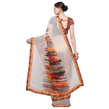 Cream printed georgette saree with blouse 2