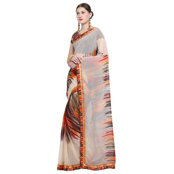 Cream printed georgette saree with blouse 3