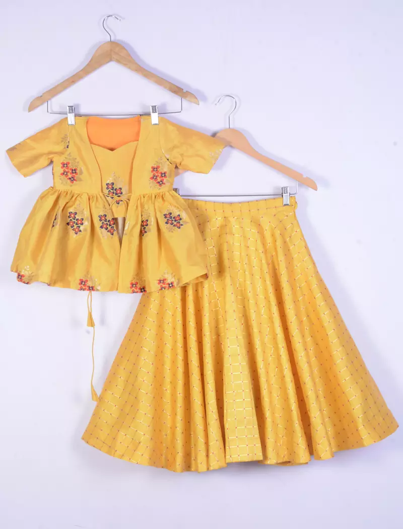 Girl Yellow Designer Lahenga Choli Set For Kids