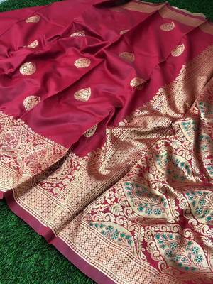 Red Woven Jacquard Saree With Blouse 1