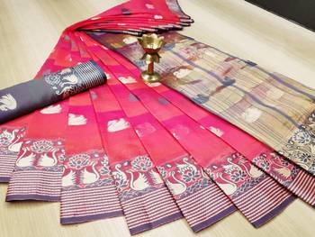 Pink Woven Cotton Saree With Blouse 1