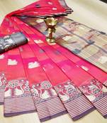Pink Woven Cotton Saree With Blouse