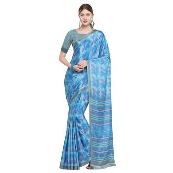 Blue printed crepe saree with blouse 1