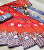 Orange Woven Cotton Saree With Blouse