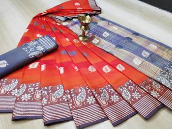 Orange Woven Cotton Saree With Blouse 1