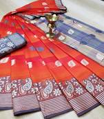 Orange Woven Cotton Saree With Blouse