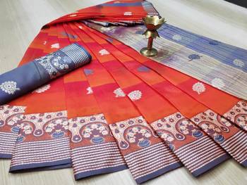 Orange Woven Cotton Saree With Blouse 1