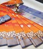 Yellow Woven Cotton Saree With Blouse