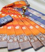 Yellow Woven Cotton Saree With Blouse