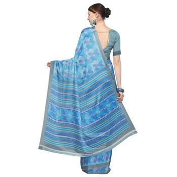 Blue printed crepe saree with blouse 2