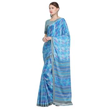 Blue printed crepe saree with blouse 3
