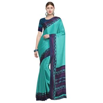 Teal printed crepe saree with blouse 1