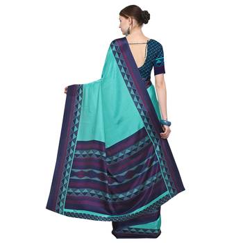 Teal printed crepe saree with blouse 2