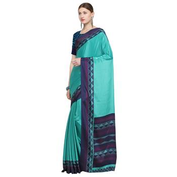 Teal printed crepe saree with blouse 3