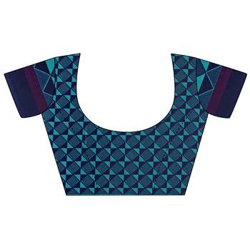 Teal printed crepe saree with blouse 4