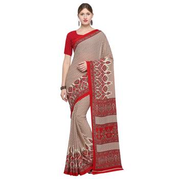 Beige printed crepe saree with blouse 1