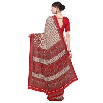 Beige printed crepe saree with blouse 2