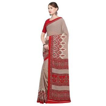 Beige printed crepe saree with blouse 3