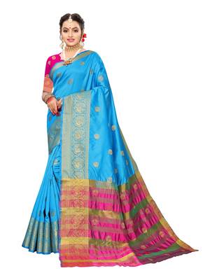Blue woven poly silk saree with blouse 1