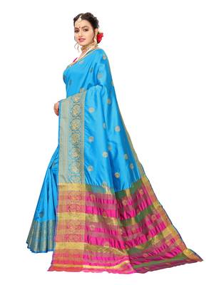 Blue woven poly silk saree with blouse 2