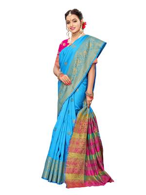 Blue woven poly silk saree with blouse 4