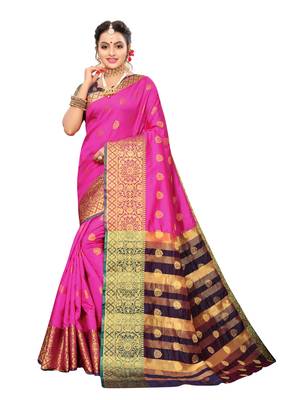 Pink woven poly silk saree with blouse 1