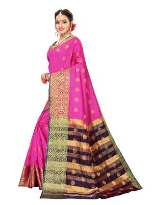 Pink woven poly silk saree with blouse 2