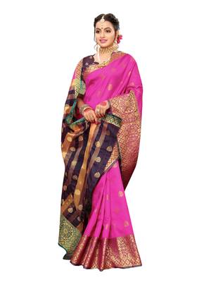Pink woven poly silk saree with blouse 4