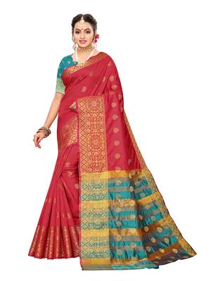 Red woven poly silk saree with blouse 1