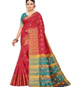 Red woven poly silk saree with blouse