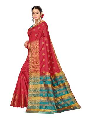 Red woven poly silk saree with blouse 2