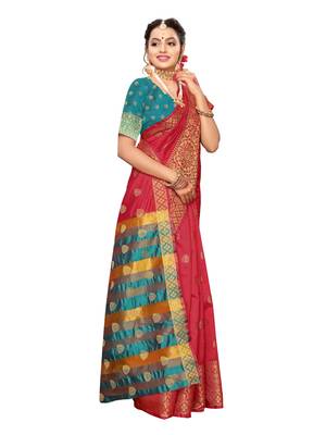 Red woven poly silk saree with blouse 4
