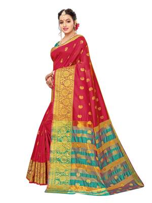 Red Woven Poly Silk Saree With Blouse 2
