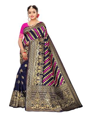 Navy Blue Woven Poly Silk Saree With Blouse 1