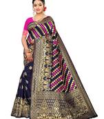 Navy Blue Woven Poly Silk Saree With Blouse